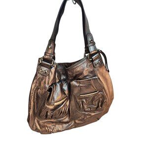 Metallic Silver B. Makowsky Genuine Leather Tote Shoulder Bag With Leopard Print